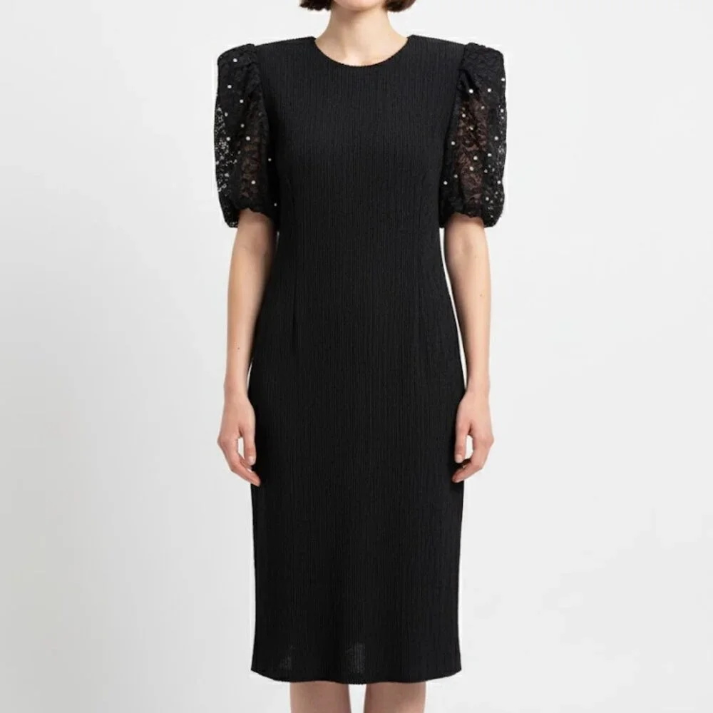 Vintage Lace Pearl Puff Sleeve Leslie Fay Dress Crepe Crinkle 80’s Holiday Party